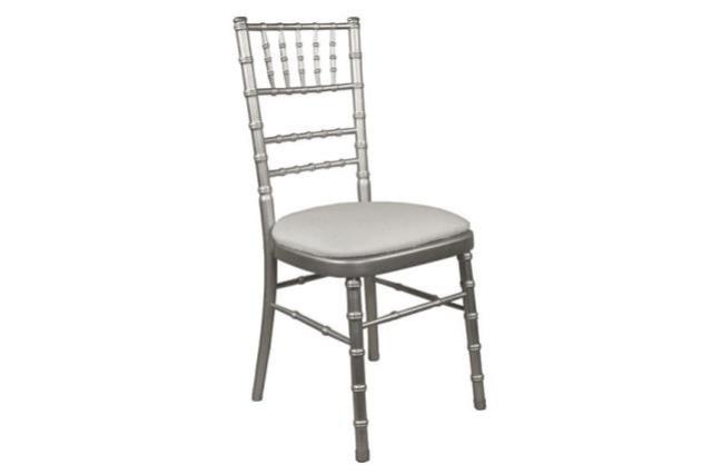 Rental store for chair chiavari silver w ivory cushion in Northeast Ohio